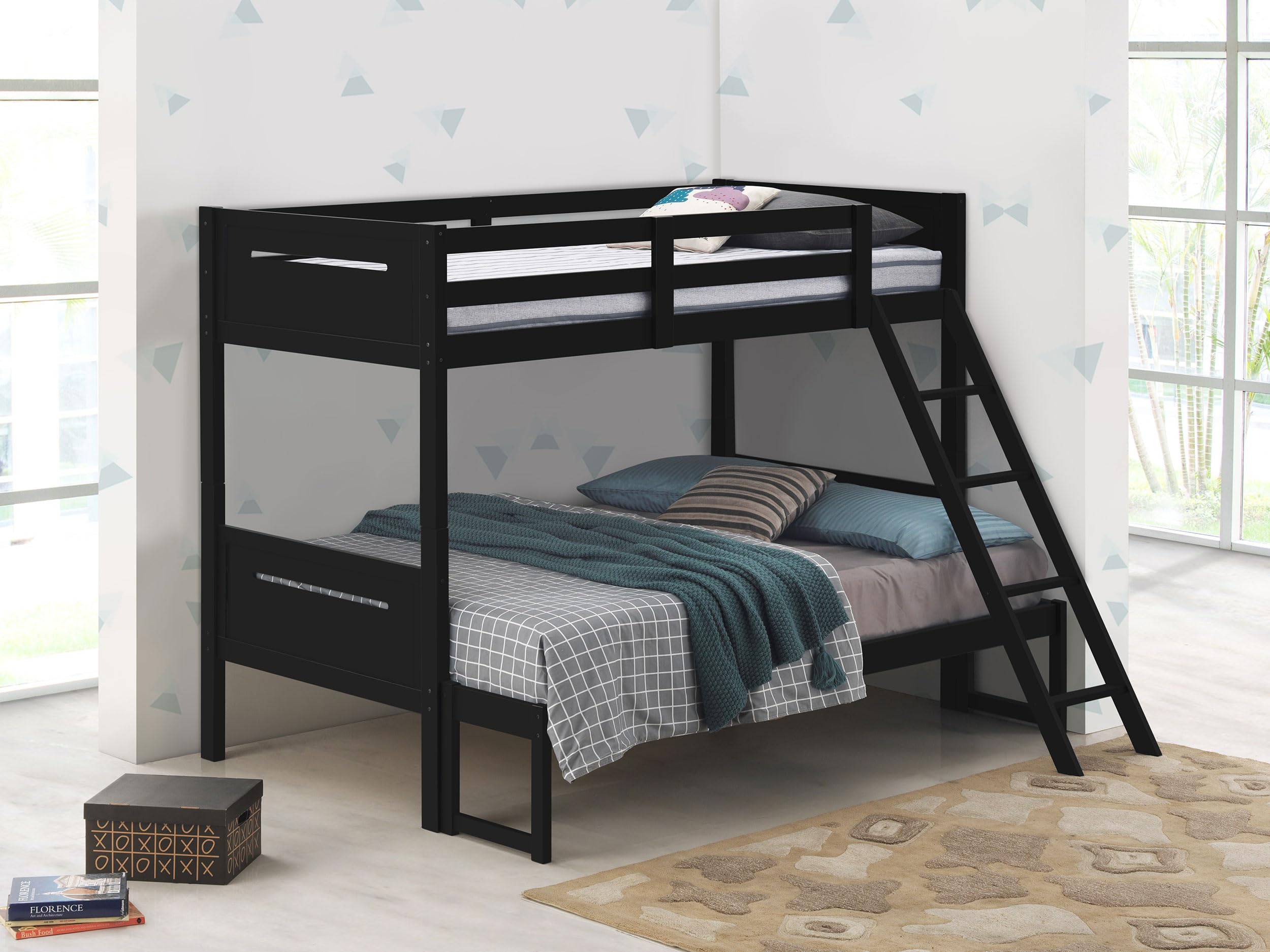 Coaster Home Furnishings Littleton Transitional Wood Twin Over Full Size Bunk Bed Frame with Ladder and Guardrails Fully Slatted Mattress Ready Foundation Black 405052BLK